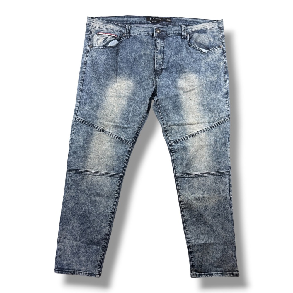 Rocawear Mens Slim Fit Acid Wash Blue Moto Jeans W42 L32 Streetwear Denim